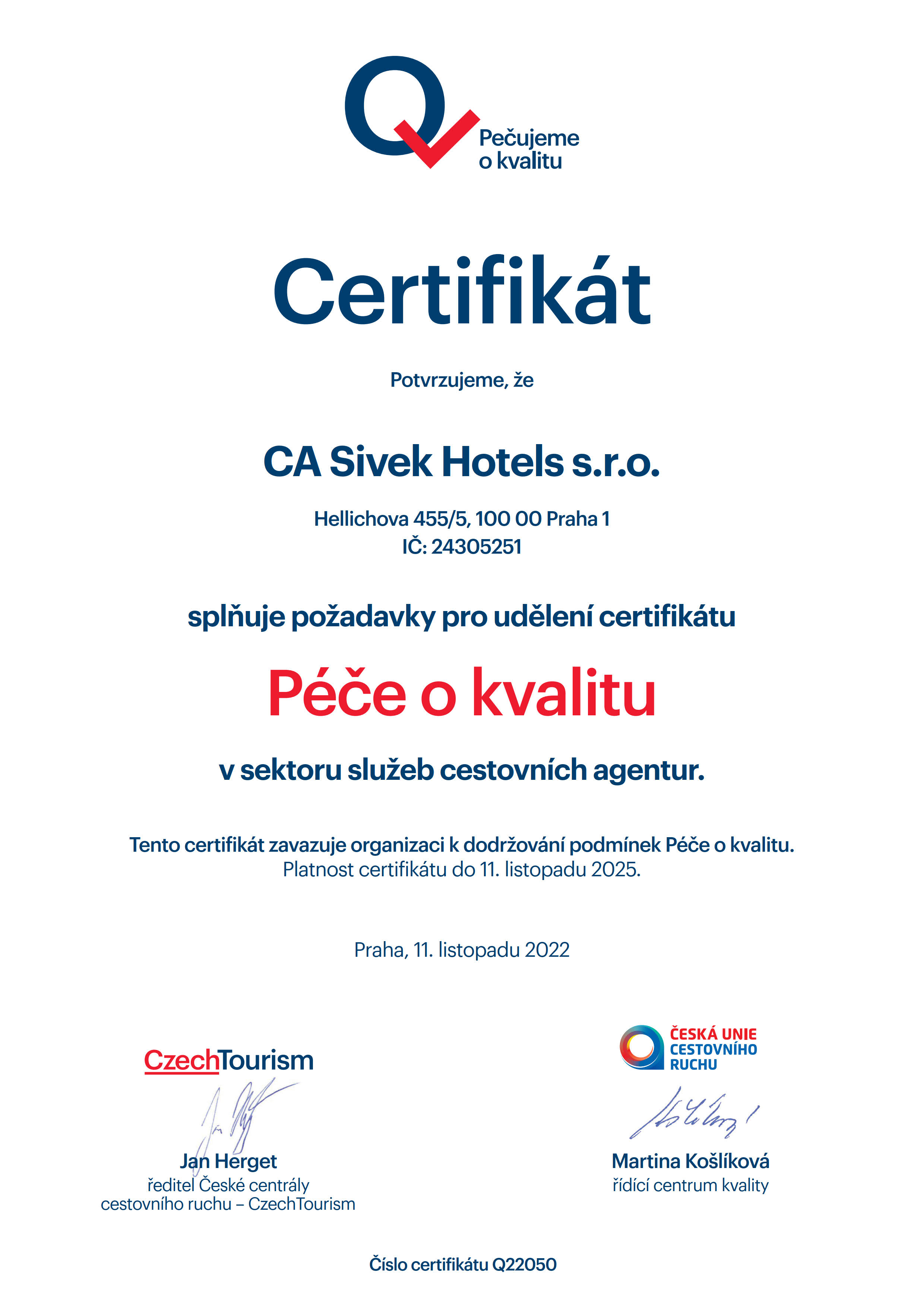 Certifikát Péče o kvalitu v sektoru služeb cestovních agentur